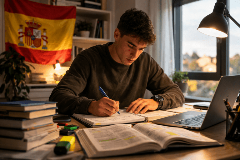 Aspirante estudiando para las oposiciones a Guardia Civil con libros, apuntes y portátil en su escritorio