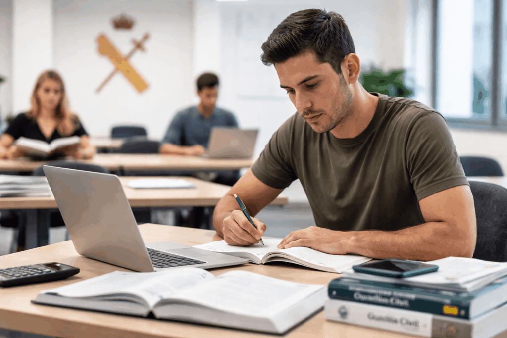 Opositor preparando el temario de Guardia Civil en una academia con libros, portátil y material de estudio
