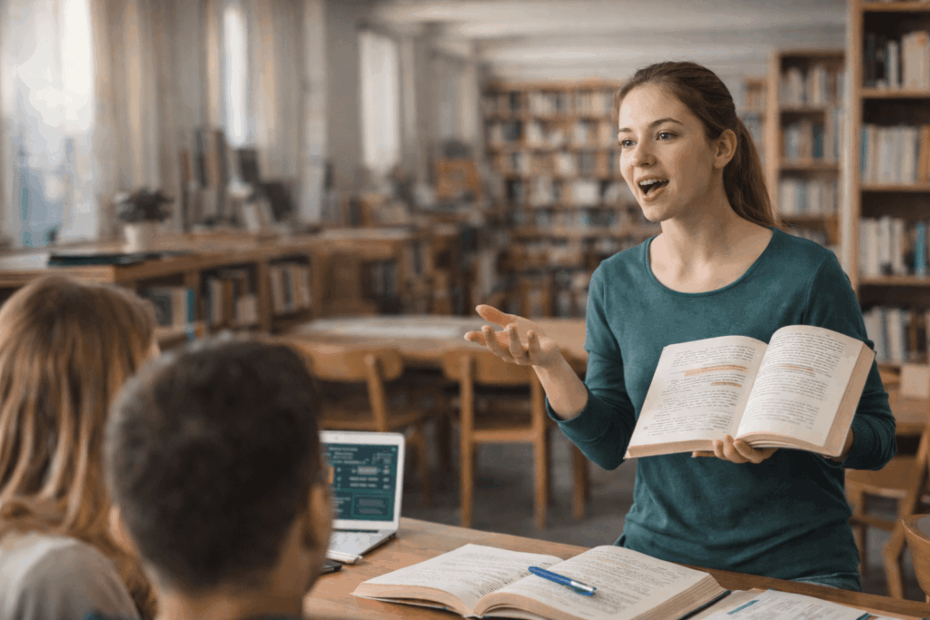 Profesora explicando el temario a opositores que preparan las oposiciones a Guardia Civil en una sesión de estudio en biblioteca.