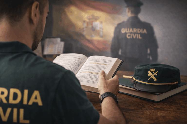 Opositor estudiando el temario de las oposiciones a Guardia Civil con libros y material de estudio frente a la bandera de España.