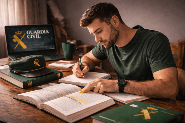 Opositor estudiando y memorizando el temario de las oposiciones a Guardia Civil con libros y apuntes en su mesa de estudio.