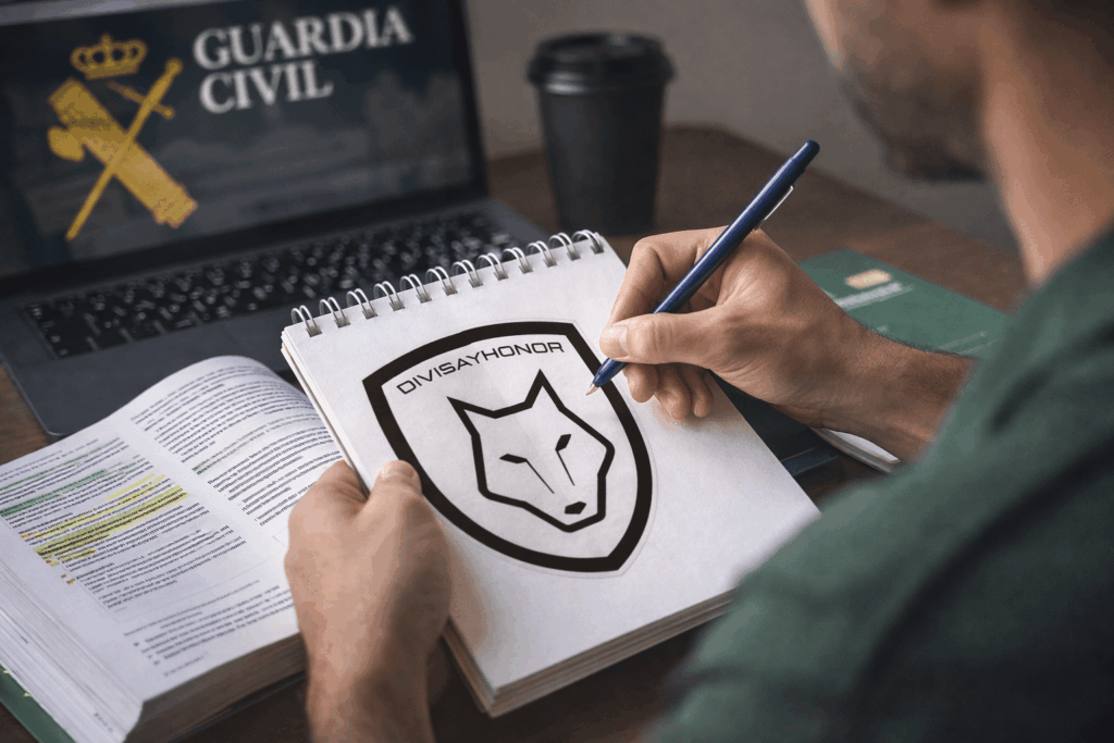 Opositor preparando las oposiciones a Guardia Civil con material de estudio de Divisa y Honor y apuntes del temario.