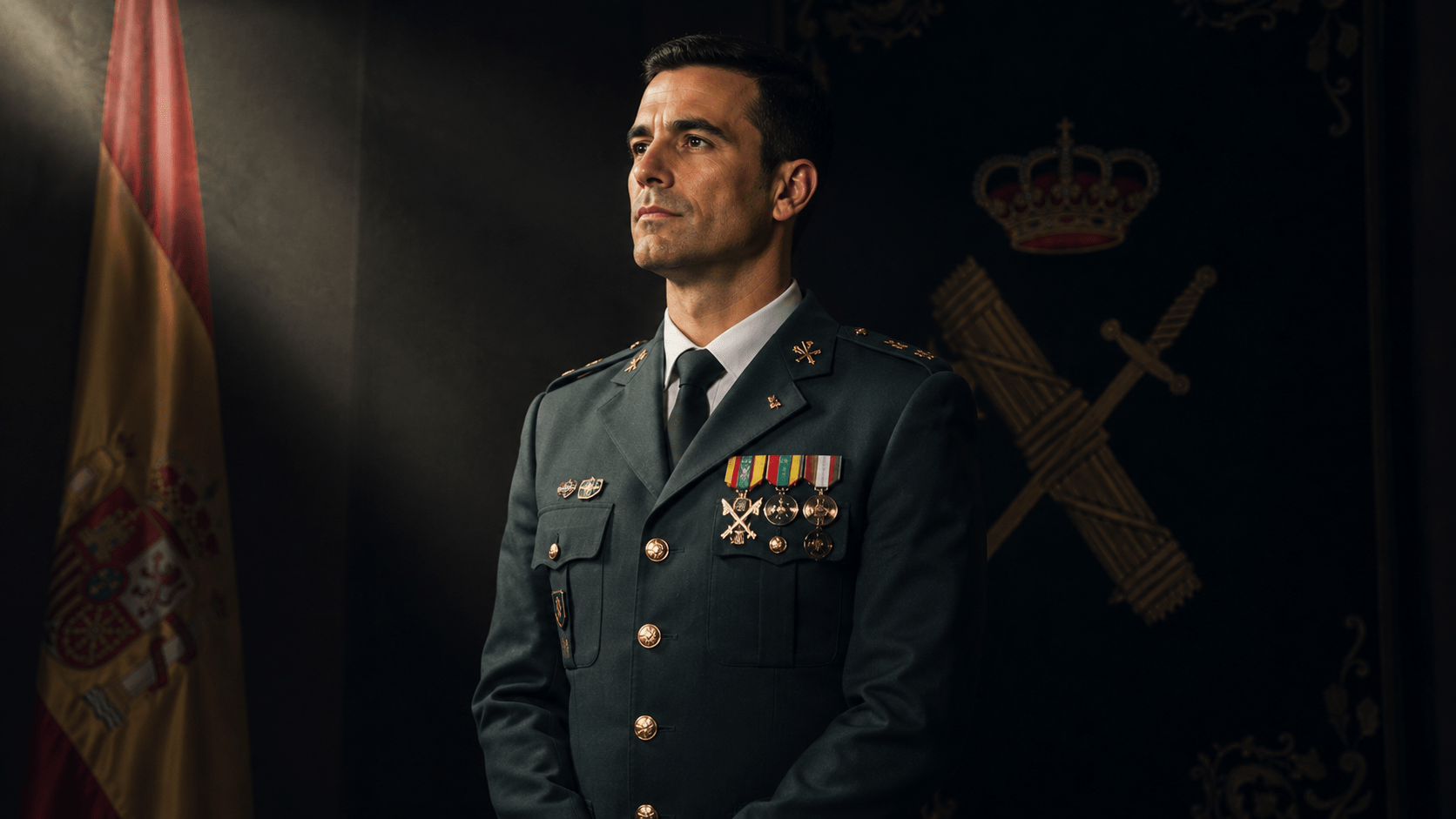 Guardia Civil en uniforme con medallas y bandera de España al fondo