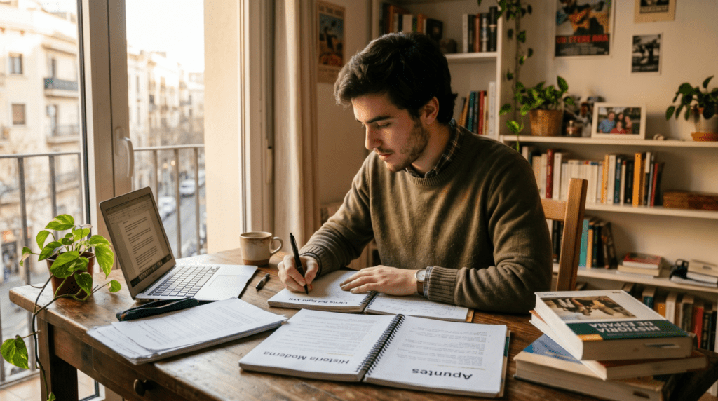 Joven opositor estudiando en casa con apuntes y ordenador, preparación constante para la oposición de Guardia Civil