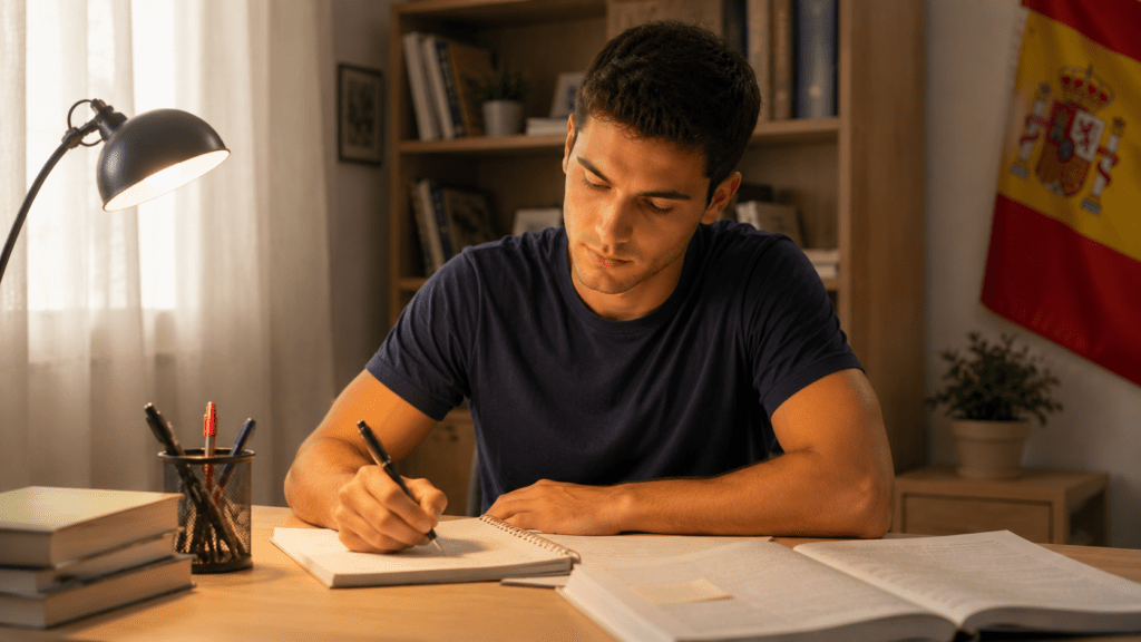 Joven opositor estudiando en casa con apuntes y bandera de España al fondo
