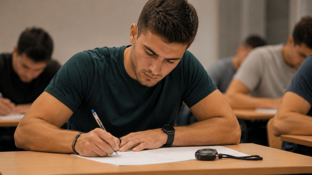 Joven opositor haciendo un simulacro de examen con cronómetro sobre la mesa