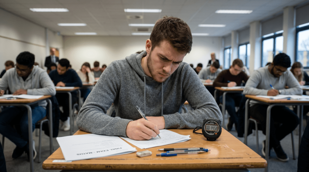 Opositor realizando un simulacro de examen con cronómetro sobre la mesa