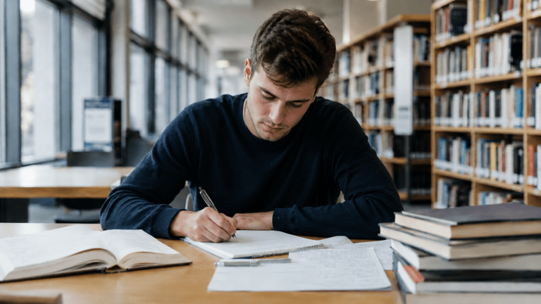 Joven opositor estudiando con libros y apuntes en una biblioteca para preparar la oposición a Guardia Civil 2026