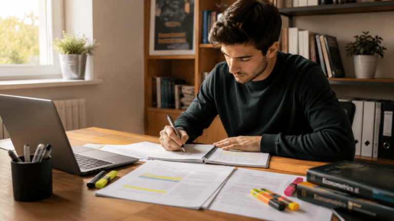 Joven opositor estudiando con apuntes y ordenador para preparar la oposición a Guardia Civil 2026