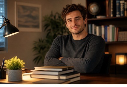 Joven opositor sentado en su escritorio con actitud segura y libros de estudio delante