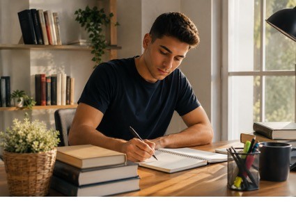 Joven opositor escribiendo apuntes en un cuaderno con libros de estudio sobre la mesa