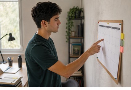 Joven opositor señalando un calendario mensual en la pared con escritorio de estudio al fondo